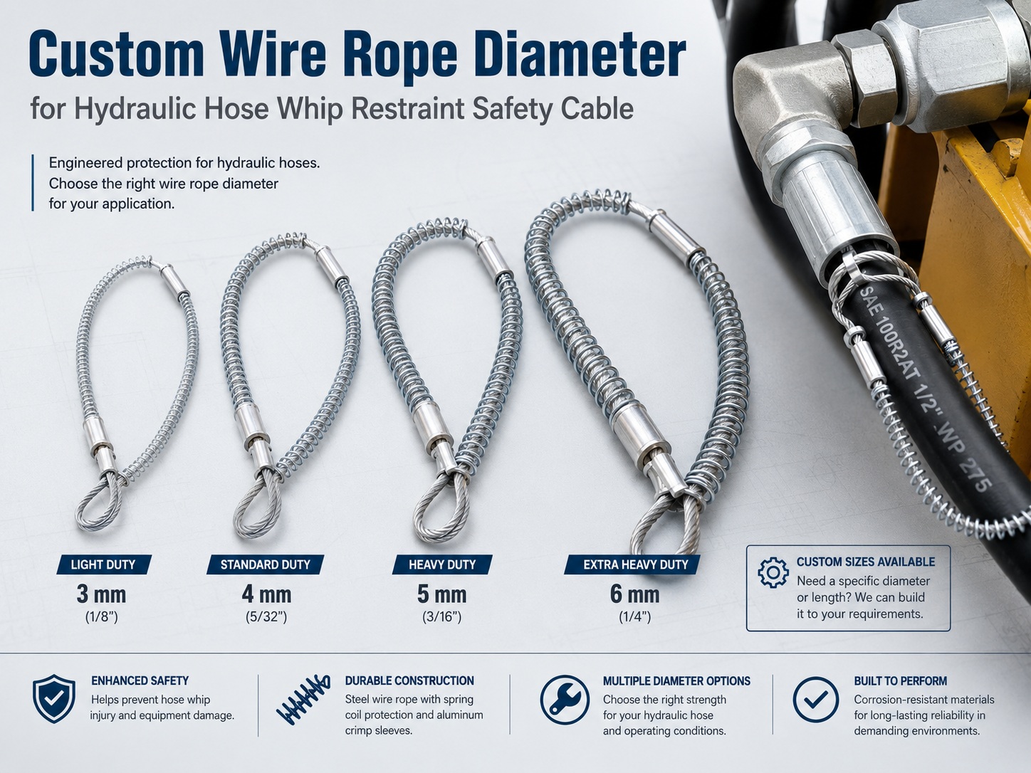 Custom wire rope diameter for ضبط الجلد الخرطوم الهيدروليكي safety cable Custom wire rope diameter for ضبط الجلد الخرطوم الهيدروليكي safety cable