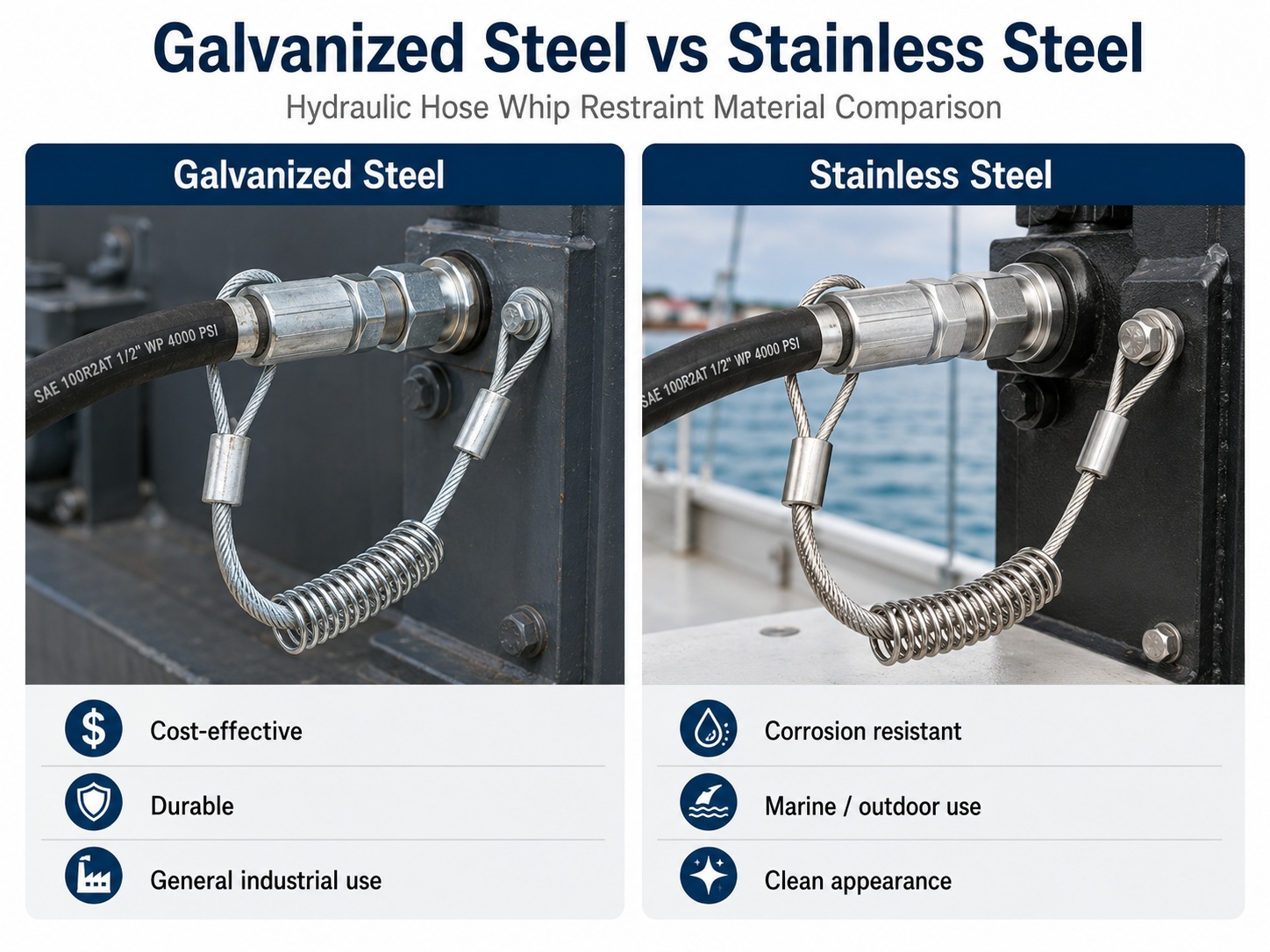 Galvanized steel and stainless steel ضبط الجلد الخرطوم الهيدروليكي material comparison Galvanized steel and stainless steel ضبط الجلد الخرطوم الهيدروليكي material comparison