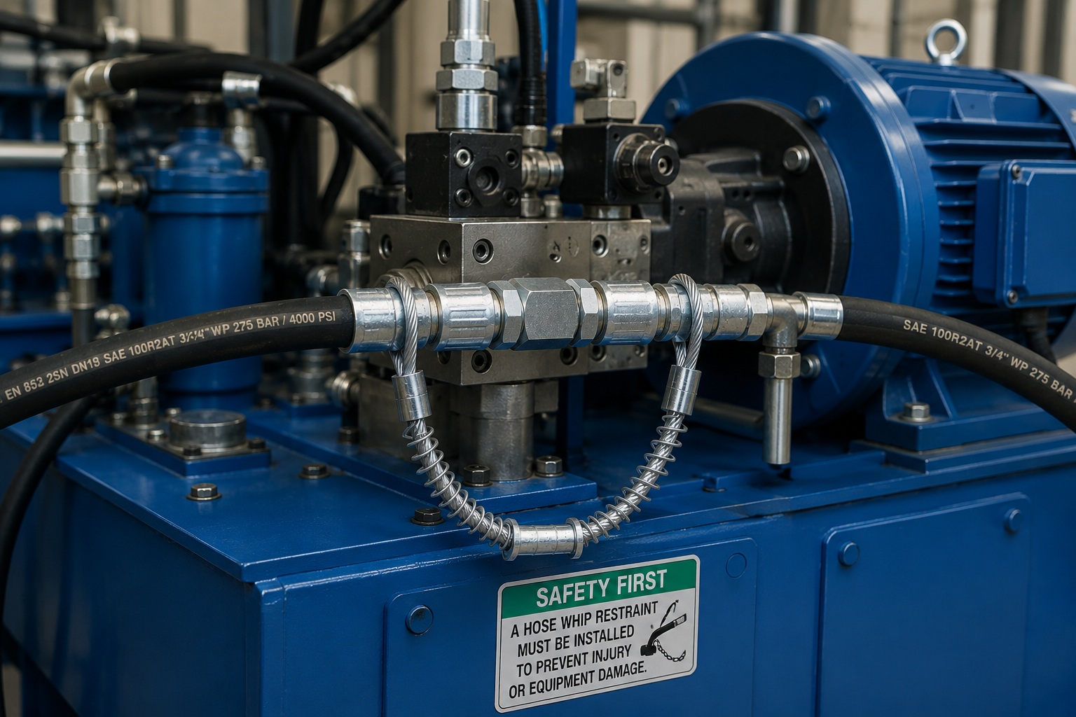 عالية pressure hose restraint installed on industrial hydraulic power unit عالية pressure hose restraint installed on industrial hydraulic power unit