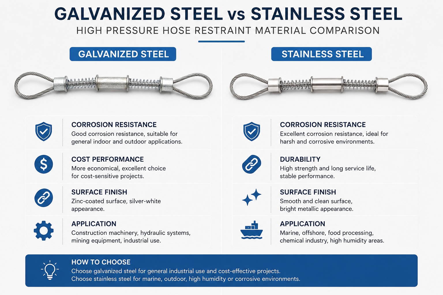 Galvanized steel and stainless steel high pressure hose restraint material comparison Galvanized steel and stainless steel high pressure hose restraint material comparison